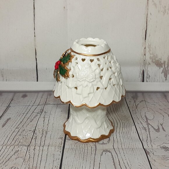 Poinsettia Christmas Tea Light Candle Holder 2pc Gold Red Green Ceramic 7" - Picture 2 of 11